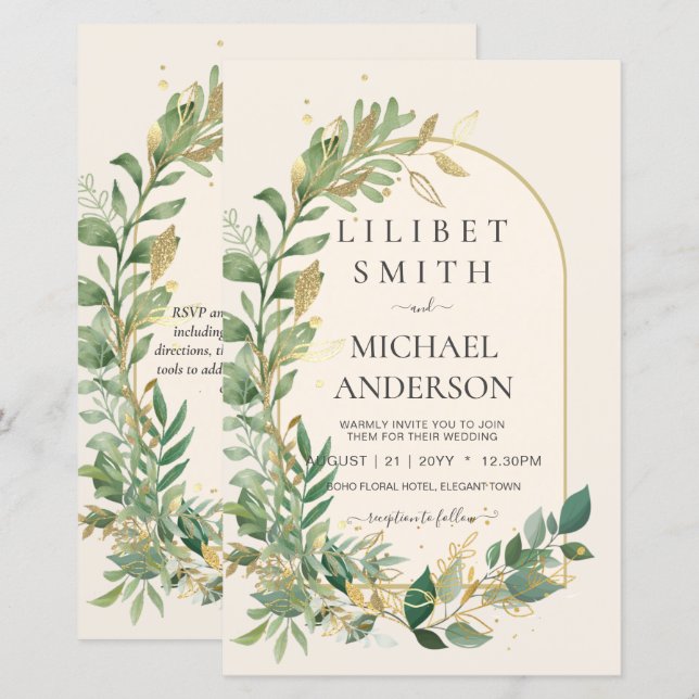 Modern Cream Gold Greenery Botanical Wedding (Front/Back)