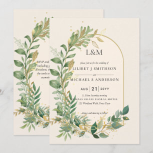Modern Cream Gold Greenery Botanical Wedding Invitation