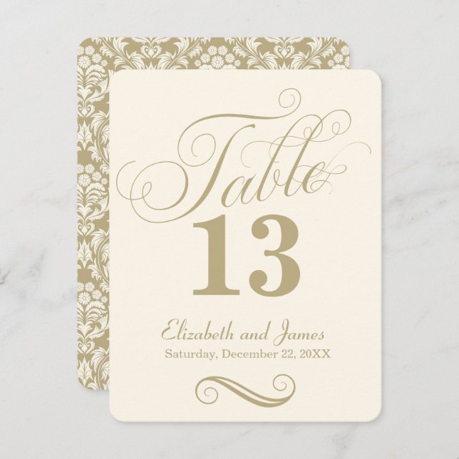 Modern Cream Gold Script Wedding Table Number (Front/Back)
