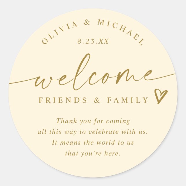 Modern Cream & Gold Wedding Welcome Hotel Bag Classic Round Sticker (Front)