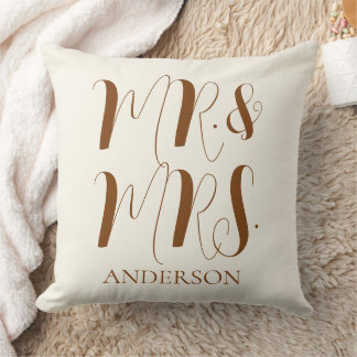 Modern cream Mr and Mrs Script Wedding Throw Pillow
