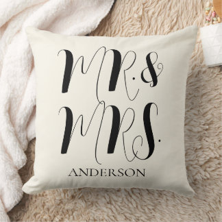 Modern cream Mr and Mrs Script Wedding Throw Pillow