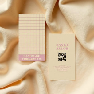 Modern Cream & Pink Chequered Pattern QR Code Business Card