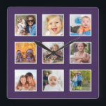 Modern Create Your Custom Photo Collage Square Wall Clock<br><div class="desc">Create your own personalized 9 photo Instagram photo collage wall clock with your custom images on modern eggplant purple background. Add your favourite photos, designs or artworks to create something really unique. To edit this design template, simply upload your own image as shown above. Treat yourself or make the perfect...</div>