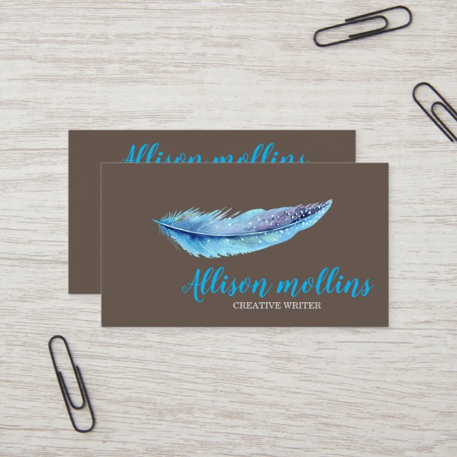Modern Creative Writer Feather Logo Business Card (Front/Back In Situ)