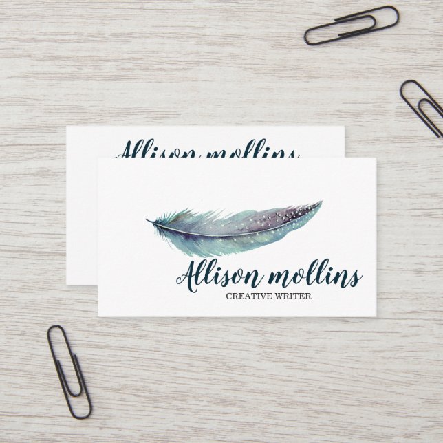 Modern Creative Writer Feather Logo Business Card (Front/Back In Situ)