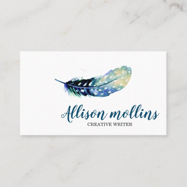 Modern Creative Writer Feather Logo Business Card (Front)