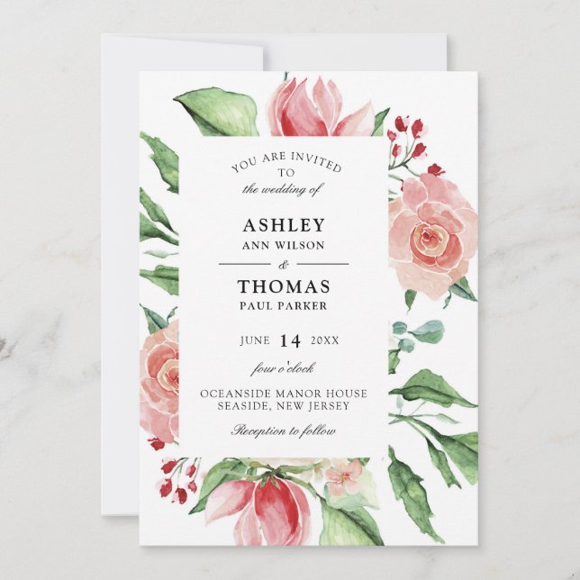 Modern Creme Rose Watercolor Wedding Invitation (Front)