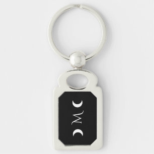 Modern Crescent Moons Black and White Monogram Keychain