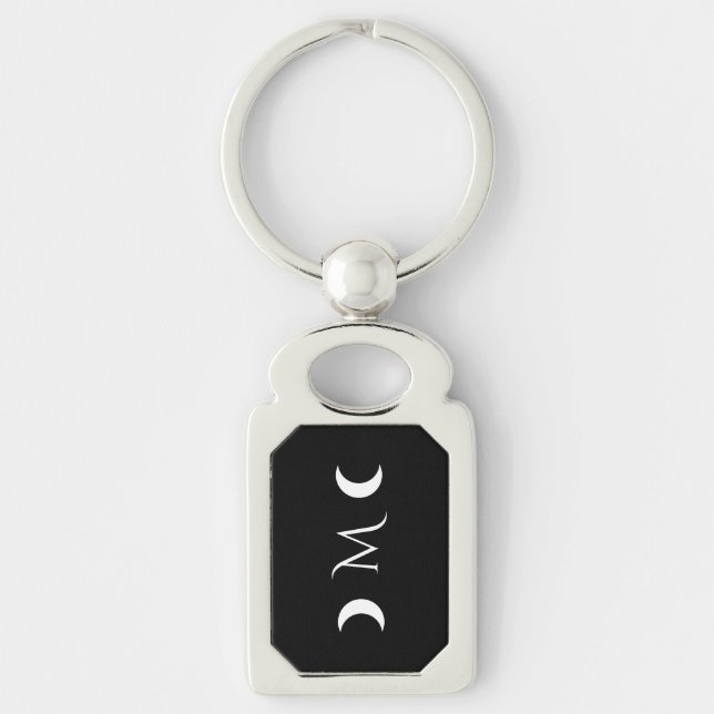 Modern Crescent Moons Black and White Monogram Keychain (Front)