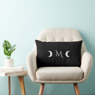 Modern Crescent Moons Black and White Monogram Lumbar Pillow