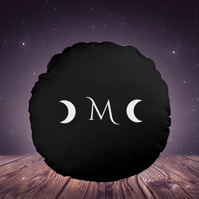Modern Crescent Moons Black and White Monogram Round Pillow (Creator Uploaded)