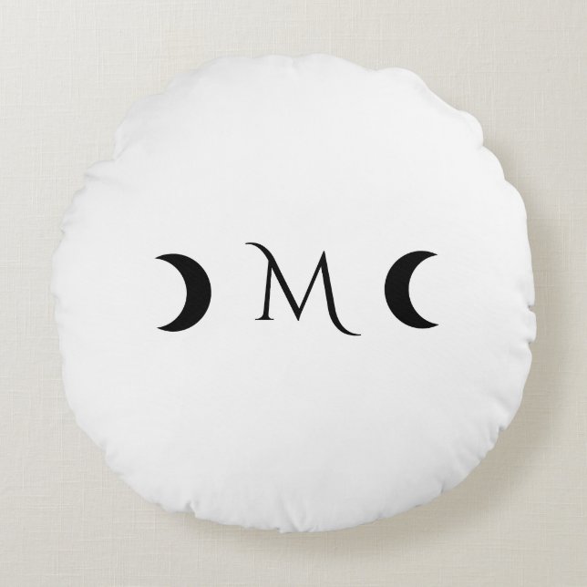 Modern Crescent Moons White and Black Monogram Round Pillow (Front)