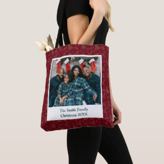 Modern Crimson Red Christmas Tree & Greetings Tote Bag