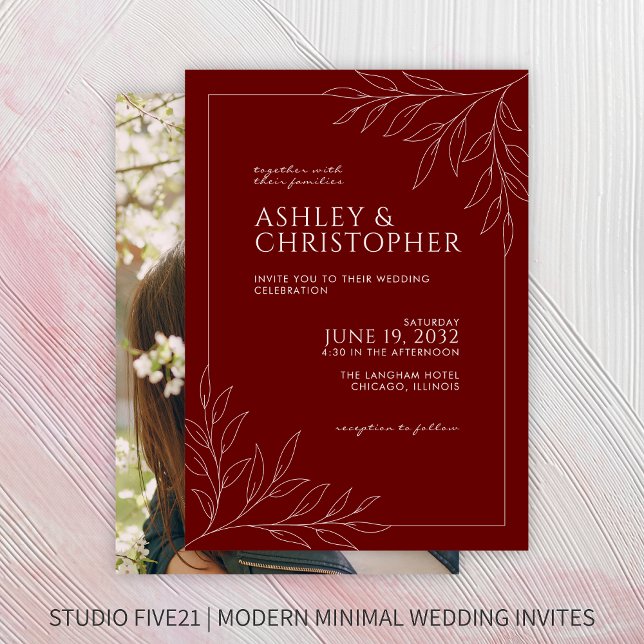 Modern Crimson Red Foliage Outline Photo Wedding Invitation (Creator Uploaded)