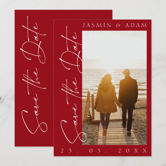 Modern Crimson Red Script Typography Photo Wedding Save The Date (Front/Back)