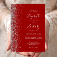 Modern Crimson Red Silver Glitter Edge Wedding