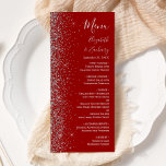 Modern Crimson Red Silver Glitter Edge Wedding Menu<br><div class="desc">The left-hand edge of this elegant modern wedding menu features a silver faux glitter design. The customizable text combines silver grey handwriting,  copperplate and italic fonts on a crimson red background. The reverse side features a matching red and silver glitter design.</div>
