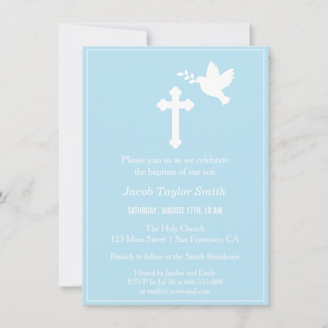Modern Cross and Dove Blue Baptism Invitations (Front)