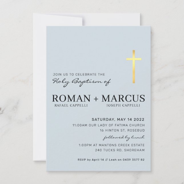 MODERN CROSS baptism minimal baby blue gold foil I Invitation (Front)