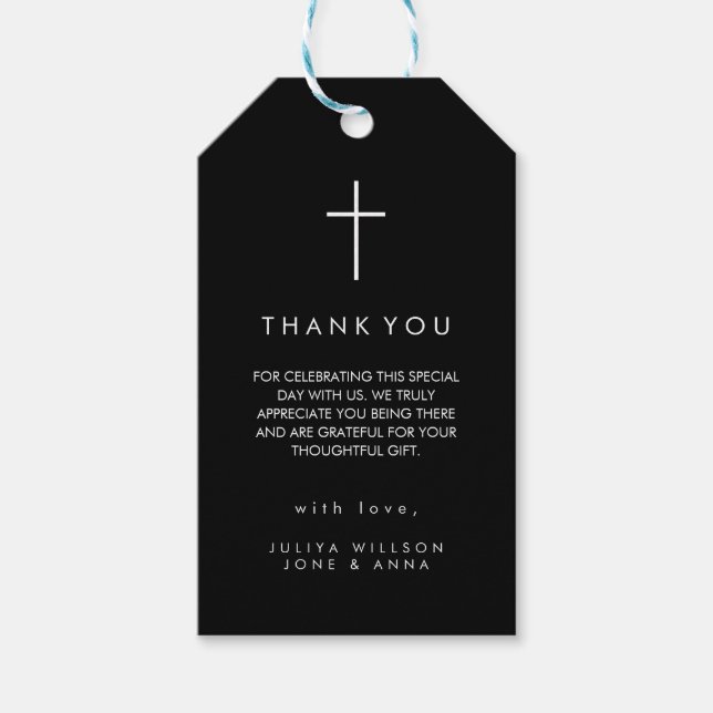 Modern cross black Baptism  Gift Tags (Front)