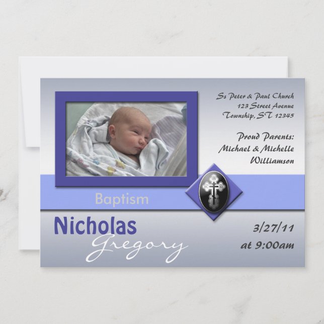 Modern Cross Blue Baptism Invitations (Front)