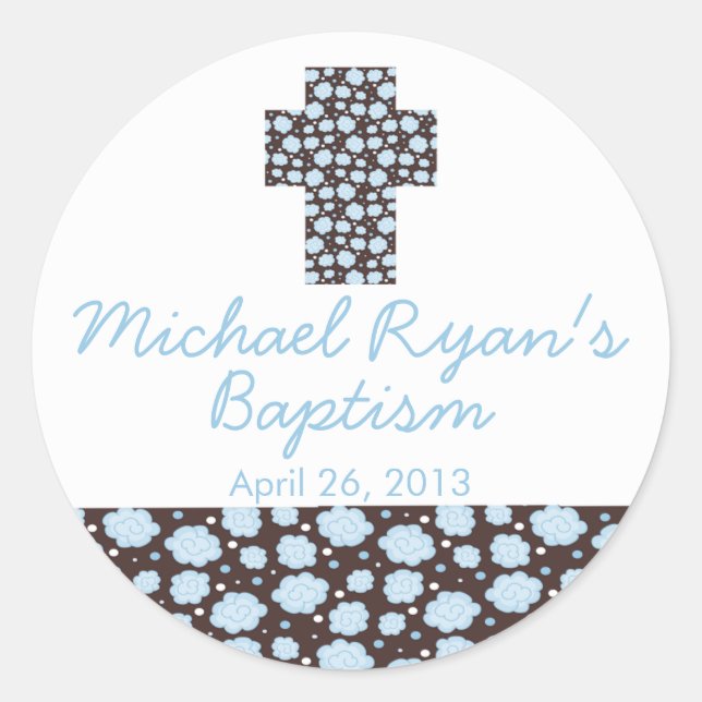 Modern Cross Blue Brown Floral Baptism Favour Seal (Front)