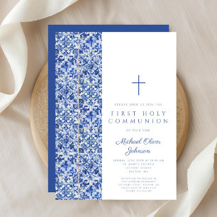 Modern Cross Blue Tiles Boy First Communion Invitation