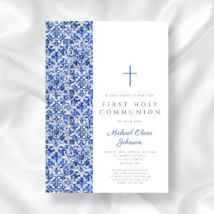 Modern Cross Blue Tiles Boy First Communion Invitation