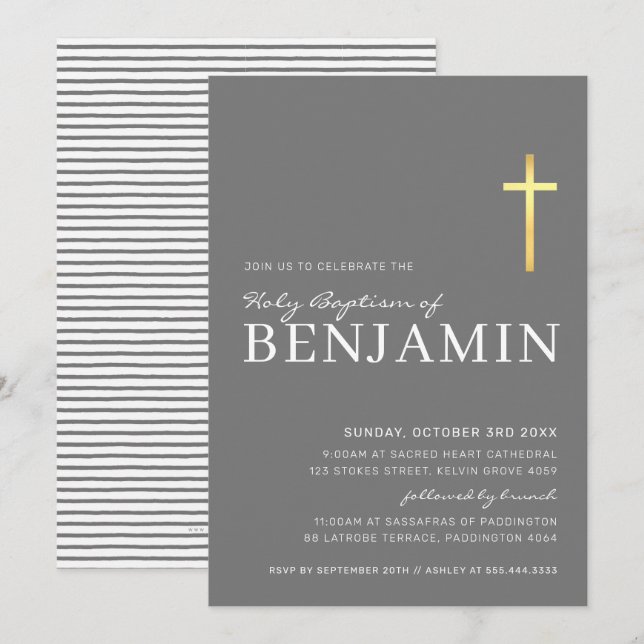 MODERN CROSS gold foil baptism minimal grey white Invitation (Front/Back)