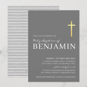 MODERN CROSS gold foil baptism minimal grey white Invitation