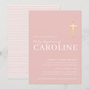 MODERN CROSS gold holy baptism minimal pink white Invitation