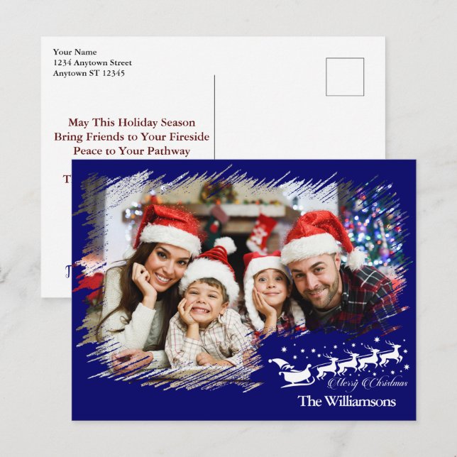 Modern Cross Hatch Frame in Blue Photo Christmas Postcard (Front/Back)