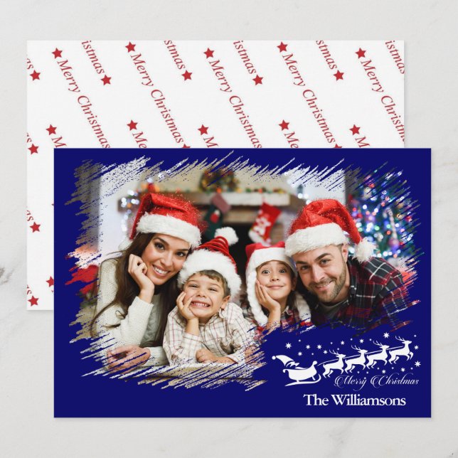 Modern Cross Hatch Frame in Christmas Blue Photo Holiday Card (Front/Back)