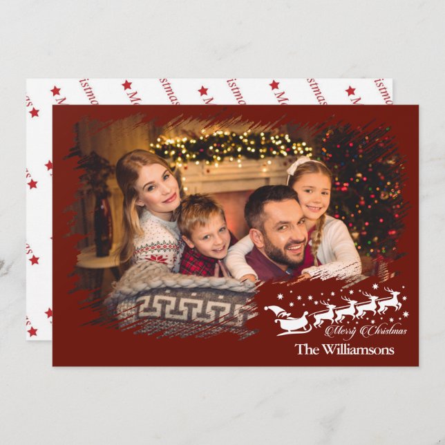 Modern Cross Hatch Frame in Christmas Red Photo Holiday Card (Front/Back)