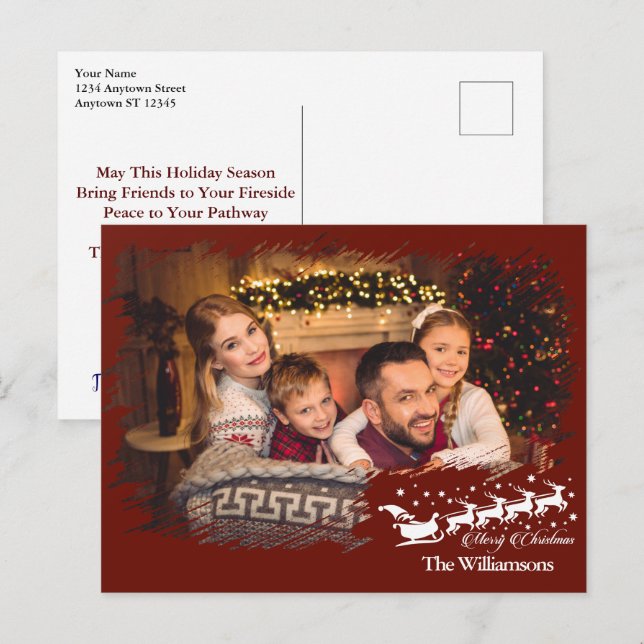 Modern Cross Hatch Frame in Christmas Red Photo Postcard (Front/Back)