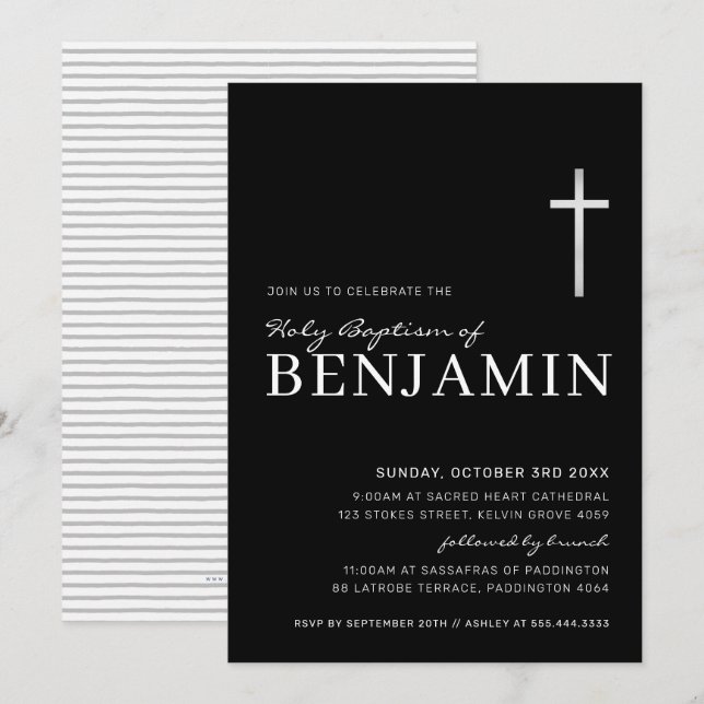 MODERN CROSS holy baptism minimal black silver Invitation (Front/Back)
