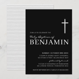 MODERN CROSS holy baptism minimal black silver Invitation