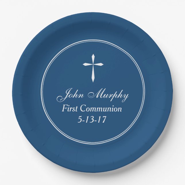 Modern Cross Personalized Navy Paper Plate (Front)