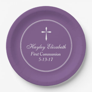Modern Cross Personalized Purple Paper Plate
