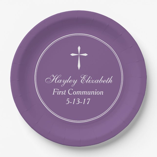 Modern Cross Personalized Purple Paper Plate (Front)