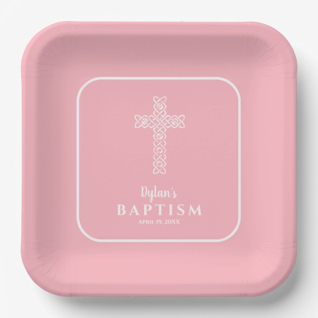 Modern Cross Pink Baptism Christening Paper Plate (Front)