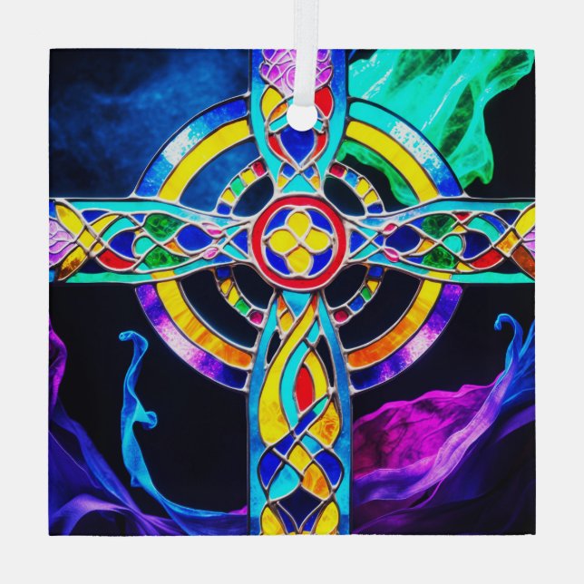 Modern Cross Vibrant Colours Suncatcher  Glass Ornament (Back)