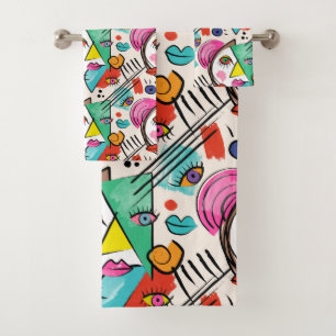 Modern Cubism Abstract Artsy Female Faces Art Bath Towel Set