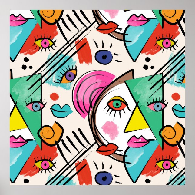Modern Cubism Abstract Artsy Female Faces Art Poster (Front)