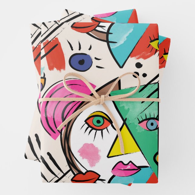 Modern Cubism Abstract Artsy Female Faces Wrapping Paper Sheet (In situ)