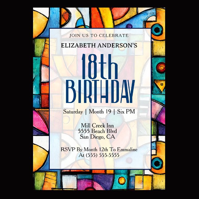 Modern Cubist 18th Birthday Invitation (Modern colorful abstract 18th birthday invitation for elegant milestone celebration
)