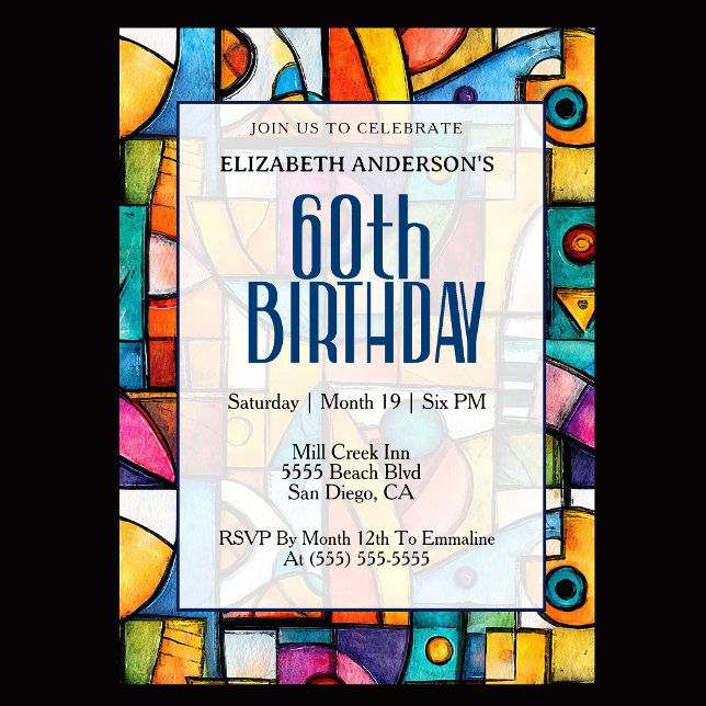 Modern Cubist 60th Birthday Invitation (Modern abstract 60th birthday invitation with colorful cubist geometric design )
