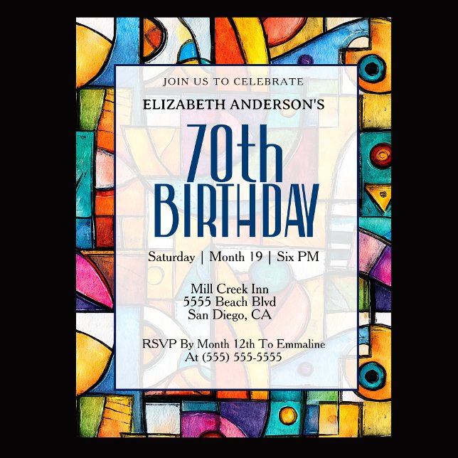 Modern Cubist 70th Birthday Invitation (Modern colorful abstract 70th birthday invitation for elegant milestone celebration
)