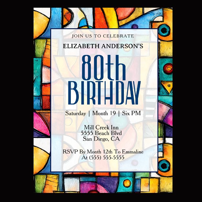 Modern Cubist 80th Birthday Invitation (Modern colorful abstract 80th birthday invitation for elegant milestone celebration
)